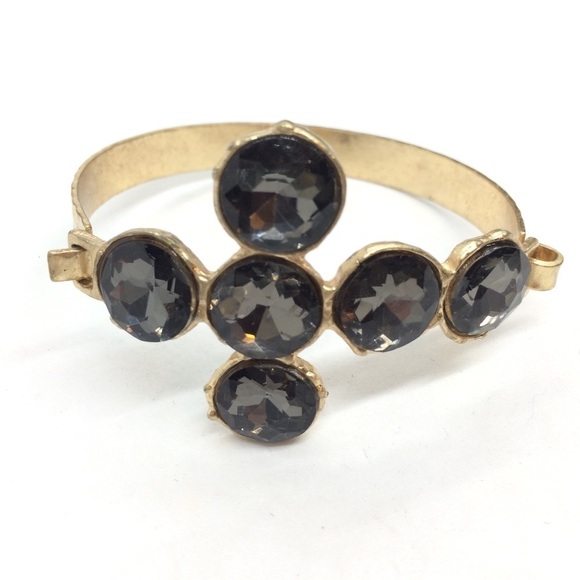 3/$30 SMOKEY FACETED ACRYLIC CROSS BANGLE BRACELET TEXTURED GOLD TONE - Picture 4 of 10